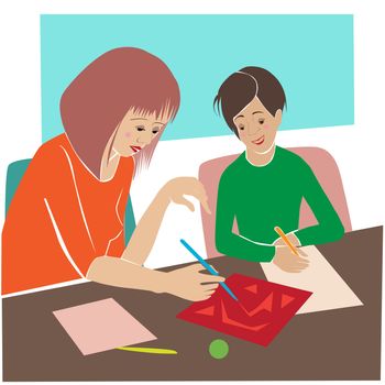 Hand drawn cartoon illustration of a teacher and pupil drawing at the table