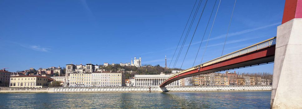 Panoramic view of Saone river at Lyon with red footbridge, France, Europe.