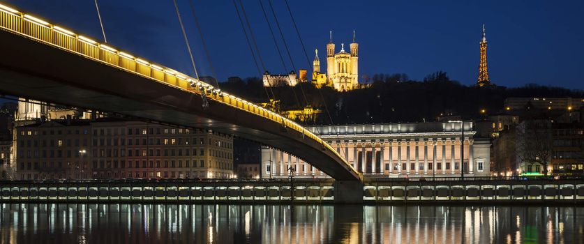 Panoramic view of Saone river by night, Lyon.