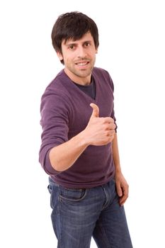 young casual man going thumbs up, isolated on white background