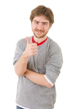 young casual man going thumbs up, isolated on white background