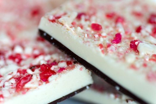 Close-up of candy cane chocolate bark.