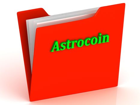 Astrocoin- bright green letters on a gold folder on a white background