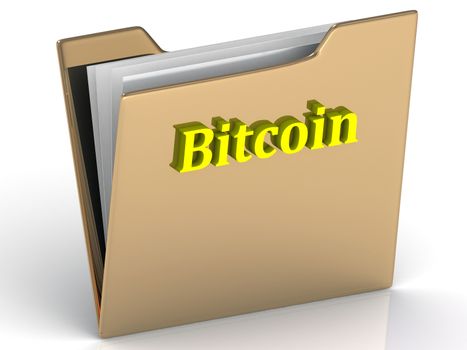 Bitcoin- bright color letters on a gold folder on a white background