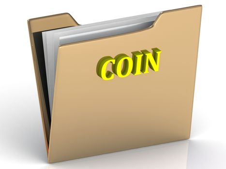 COIN- bright color letters on a gold folder on a white background