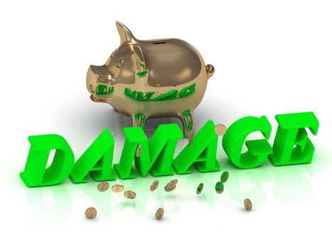 DAMAGE- inscription of green letters and gold Piggy on white background
