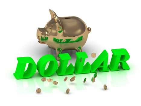 DOLLAR- inscription of green letters and gold Piggy on white background