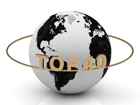 TOP40 golden letters on a gold ring around the earth on white background