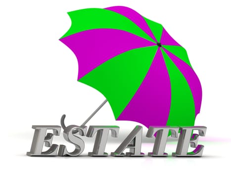ESTATE- inscription of silver letters and umbrella on white background