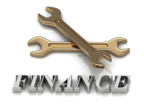 FINANCE- inscription of metal letters and 2 keys on white background