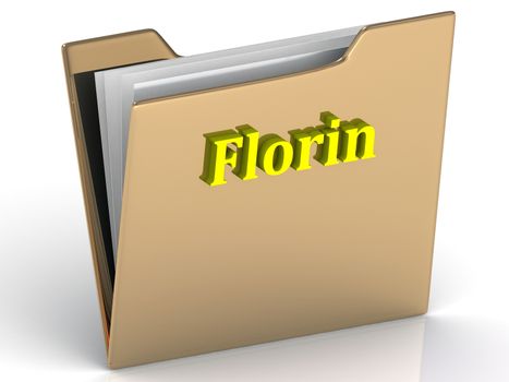 Florin- bright color letters on a gold folder on a white background