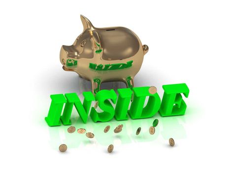 INSIDE- inscription of green letters and gold Piggy on white background