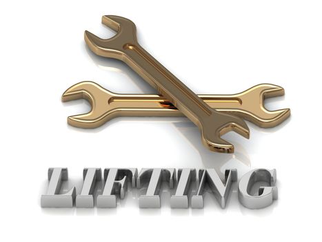 LIFTING- inscription of metal letters and 2 keys on white background