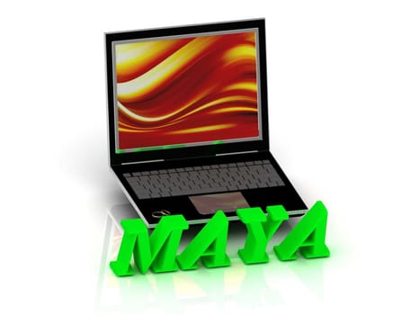 MAYA- Name and Family bright letters near Notebook and inscription Dating on a white background