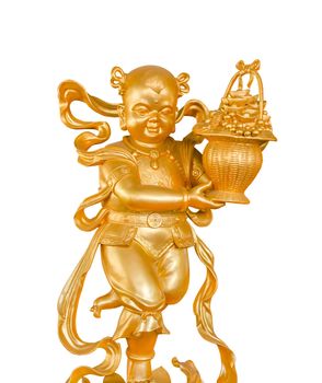 Gold Children God of Wealth or prosperity (Cai Shen) statue isolated on white background, clipping path.