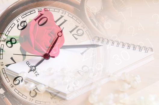 vintage clock fade on red rose, diary and number on calendar background. Memory concept.