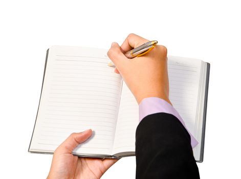 Business woman wrote on the notebook. clipping path.