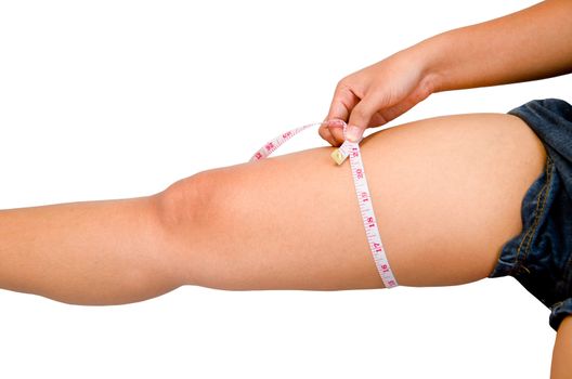 Young Girl Woman her Leg with a Metric Tape measure. Standing Sideways. Girl measures her thigh Measuring after weight loss.
