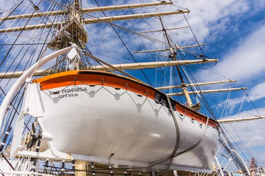 Lifeboat of the Dar Pomorza sailing ship, on July 10, 2013. The Dar Pomorza (Gift of the Pomerania) is a Polish sailing frigate built in 1909, today serves  as a museum ship in Gdynia.