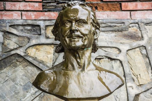 Close view of the monument to Thor Heyerdahl, Norwegian ethnographer and adventurer, fascinated with Azerbhaijan, in Sheki, Azerbaijan, on September 15, 2012.