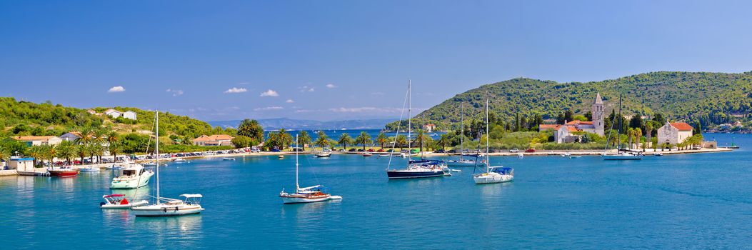 Vis island church and harbor panorama, Dalmatia, Croatia