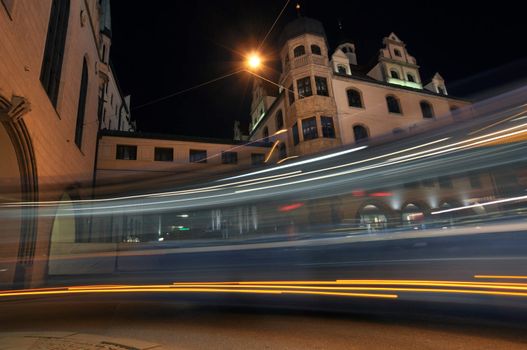 night tram moving throuth the Munich city center