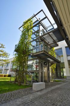 modern glass elevator shaft on the street, overgrown with ivy