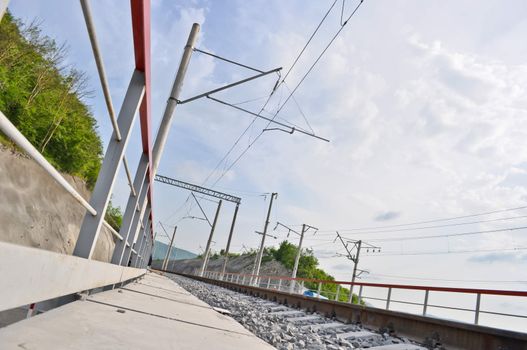 railroad track, embankment, and power poles