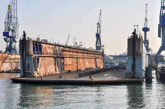 empty Shipyard floating dry dock in the Rotterdam sea port