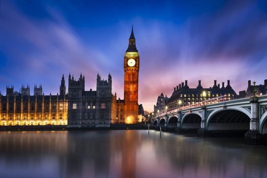 Big Ben and Westminster Bridge at dusk, London, UK