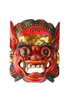 Asian traditional wooden carved painted red mask with face of human or demon isolated on white background, full face