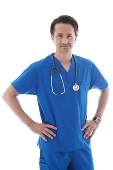 Portrait of young doctor in blue uniform isolated on white background 