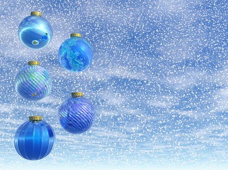 Blue Christmas balls by snowy winter day - 3D render