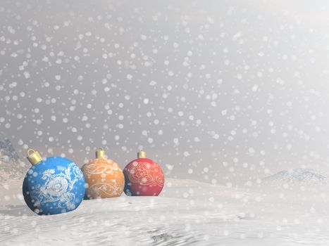 Colorful Christmas balls by snowy winter day - 3D render