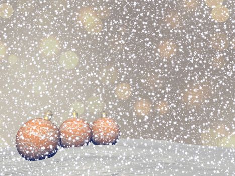 Yellow Christmas balls by snowy winter day - 3D render