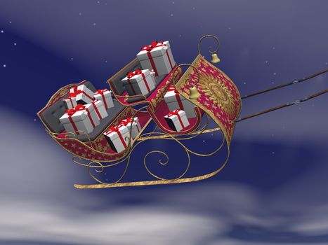 Christmas Santa sleigh full of gifts flying in the sky by night - 3D render
