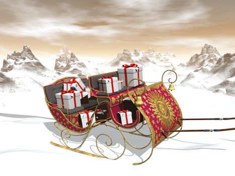 Christmas Santa sleigh full of gifts by sunset - 3D render