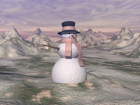 Snowman standing in the snow by winter sunset - 3D render