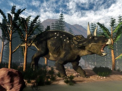 Nedoceratops roaring while running amoung onychiopsis trees - 3D render