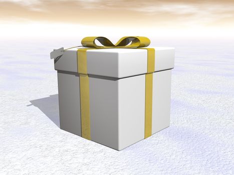 Gift with gold ribbon by sunset - 3D render