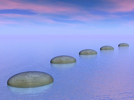 Grey stones steps upon the ocean by sunset - 3D render