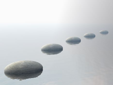 Grey stones steps upon the ocean by sunset - 3D render