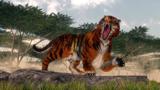 Tiger roaring upon a rock - 3D render