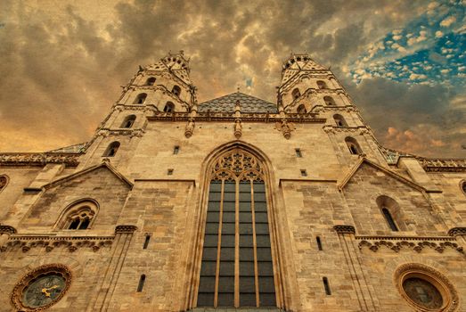 Vienna - st. Stephen cathedral or Staphensdom from west - Heidenturme. Photo in old color image style.