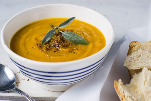 Bowl of butternut squash soup hearty