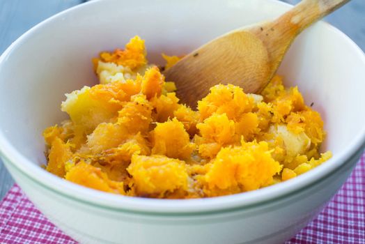 Bowl of mashed organic squash vegetable