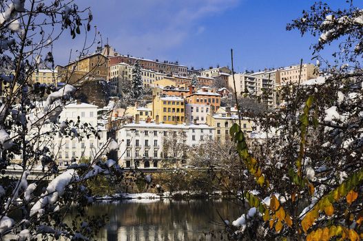 Lyon city in winter, Rhône river and Croix-rousse district, France