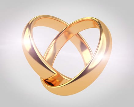 Heart with two connected gold wedding rings with glow