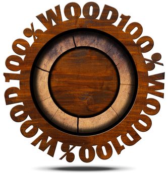 Wooden icon or symbol with text 100% (percent) Wood. Isolated on white background