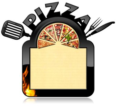 Banner with black frame, text Pizza, a slices of pizza, flames, cutlery and spatula. Template for a pizza menu isolated on white